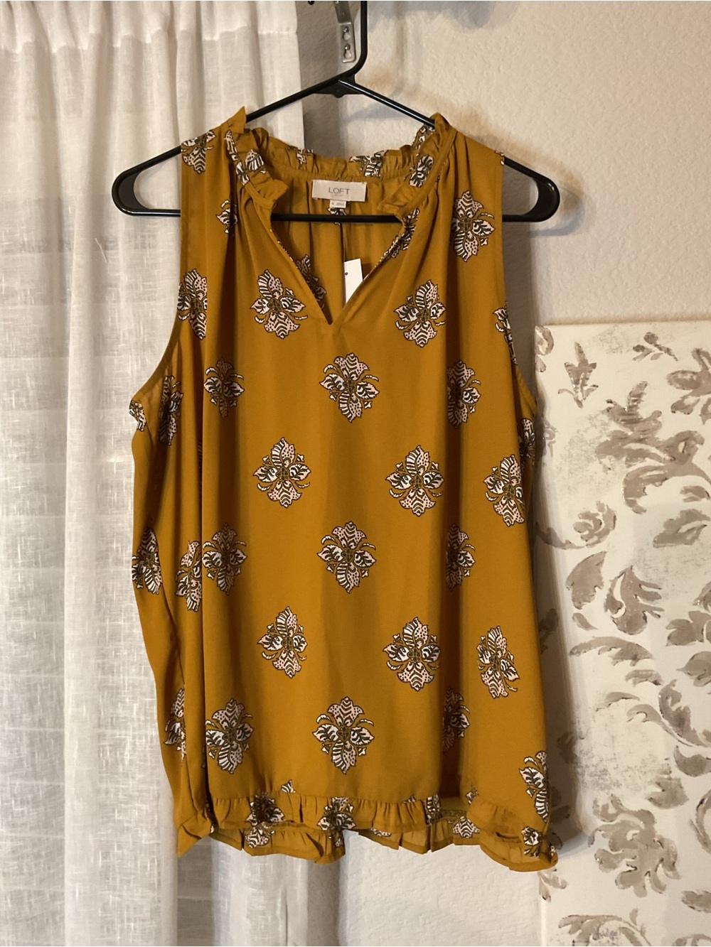 LOFT Mustard Yellow Floral Ruffle Neck Sleeveless Top